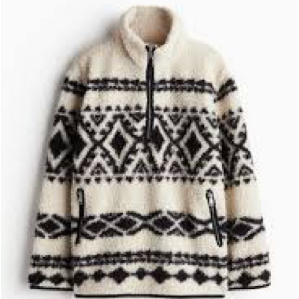 H&M Black and Cream Sherpa Half-Zip Pullover Small NWOT